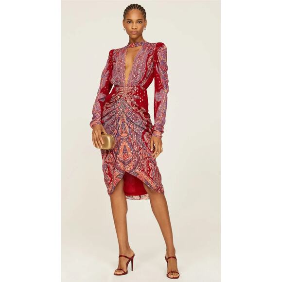 ROCOCO SAND Paisley Puff Sleeve Dress in Red Size M
